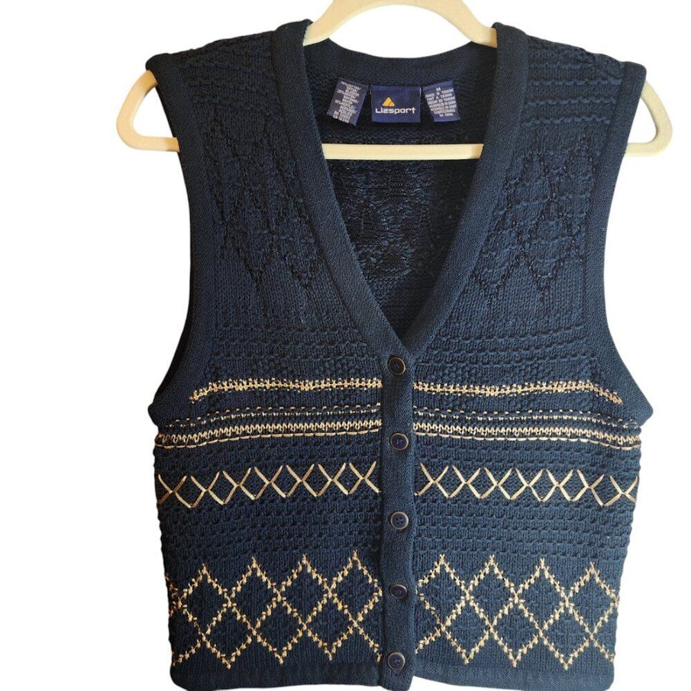 LIZSPORT SIZE MEDIUM NAVY GOLD BUTTON UP VEST GOLD THREADING SUBTLE SHIMMER VNEC